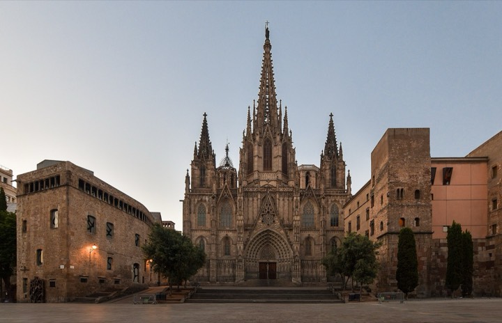 Main façade of Barcelona Cathedral on the Pla de la Seu, with its large rose window and neo-Gothic pinnacles